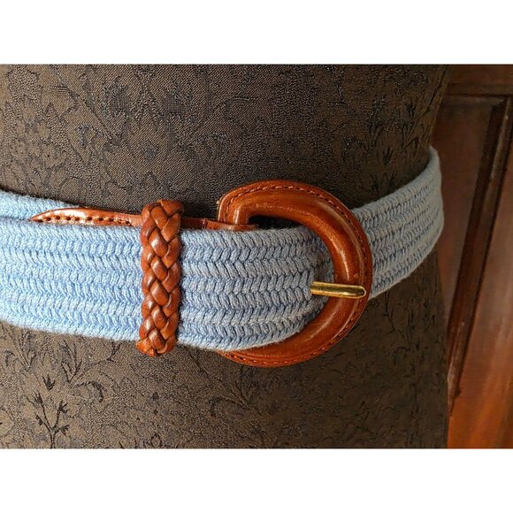 Vintage Talbots Light Blue & Brown Woven Belt With Leather Buckle - Medium New - Picture 2 of 8